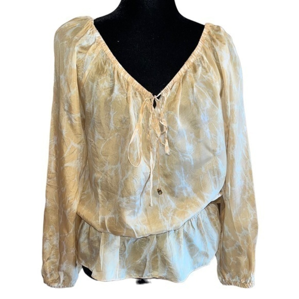 Michael Michael Kors Silk Light Yellow/White Off Shoulder Long Sleeve Blouse Top